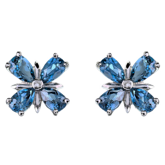 Rhodium Plated 925 Sterling Silver Natural London Blue Topaz Four Leaf Clover Stud Earrings