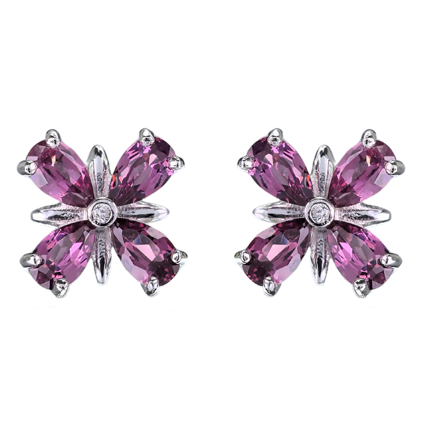 Exquisite Rhodium Plated 925 Silver Natural Pyrope Four Leaf Clover Stud Earrings