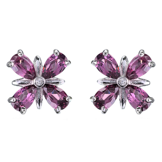 Exquisite Rhodium Plated 925 Silver Natural Pyrope Four Leaf Clover Stud Earrings