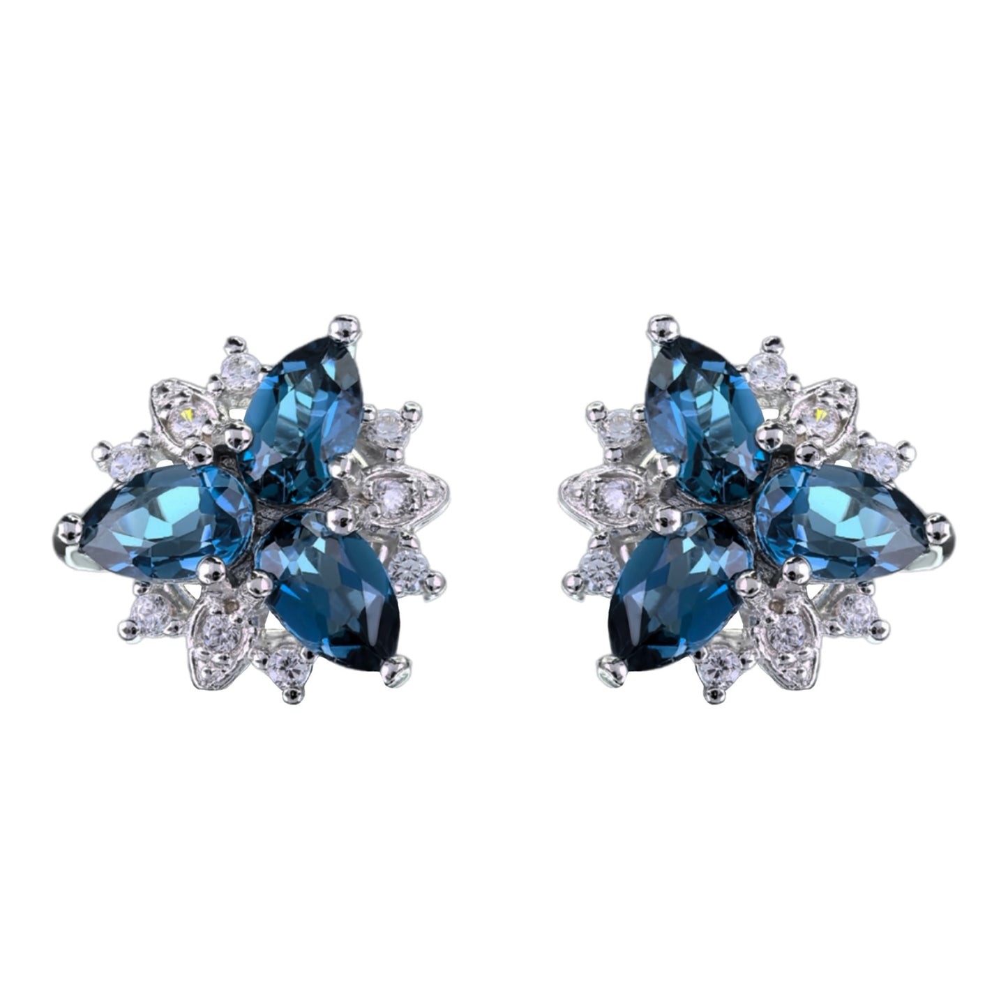 Exquisite Rhodium Plated Silver 925 Natural London Blue Topaz Clover Stud Earrings