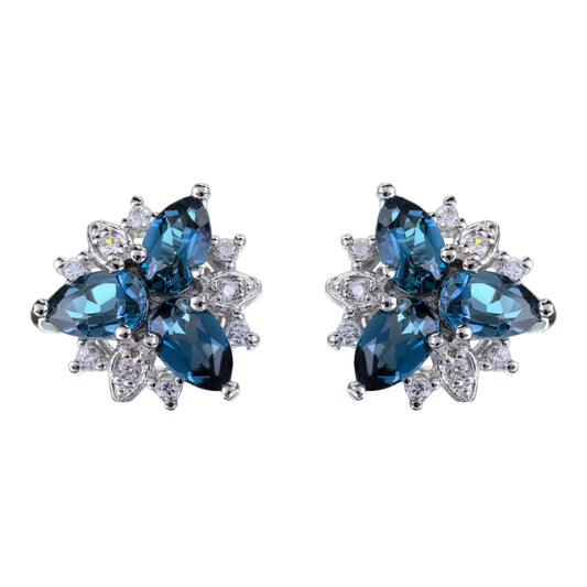 Exquisite Rhodium Plated Silver 925 Natural London Blue Topaz Clover Stud Earrings