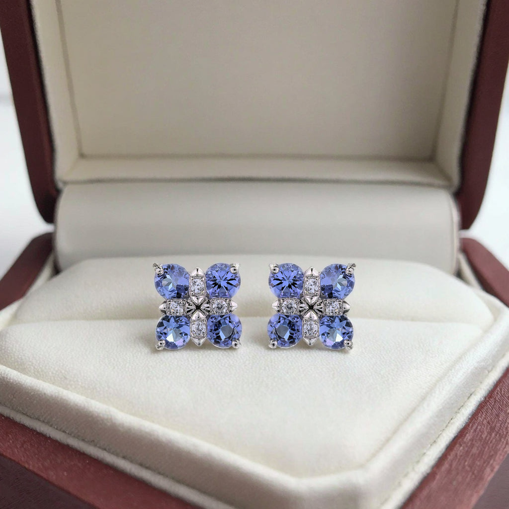 Rhodium Plated 925 Silver Jewelry Natural Tanzanite Four Leaf Clover Stud Earrings