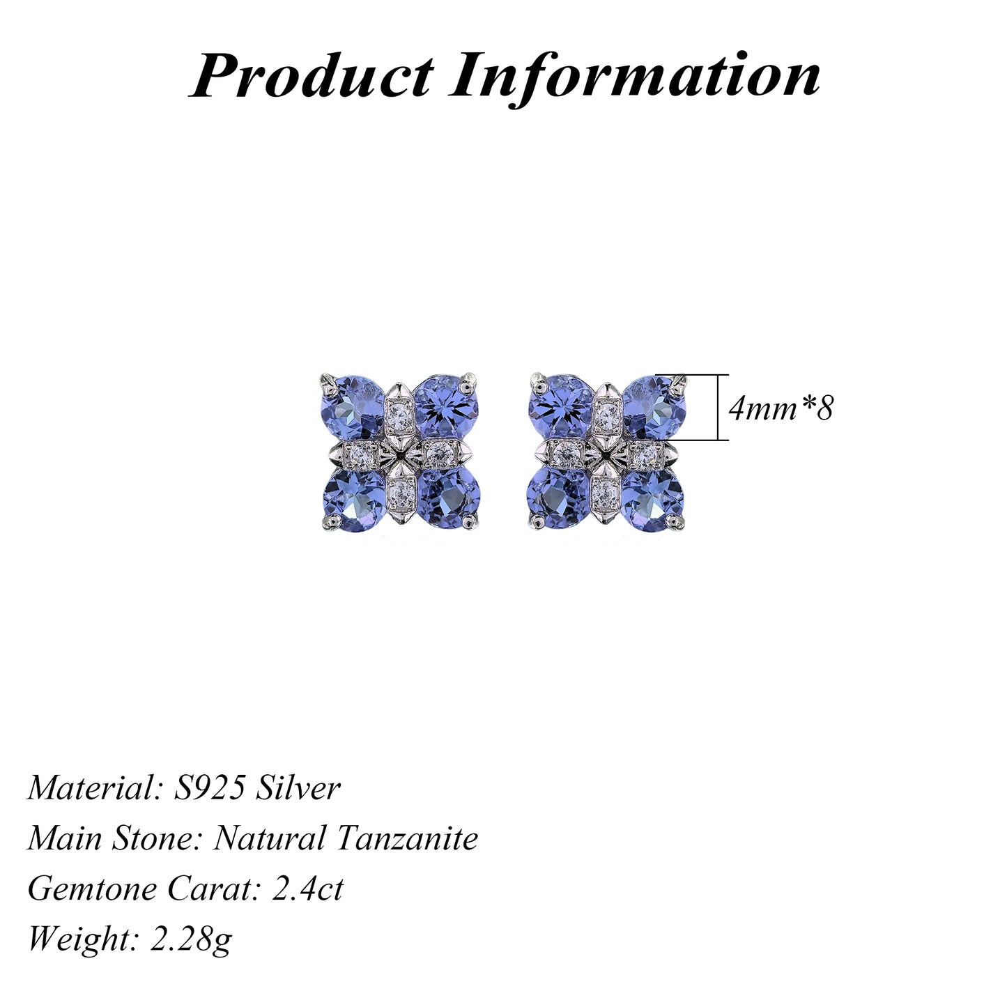 Rhodium Plated 925 Silver Jewelry Natural Tanzanite Four Leaf Clover Stud Earrings