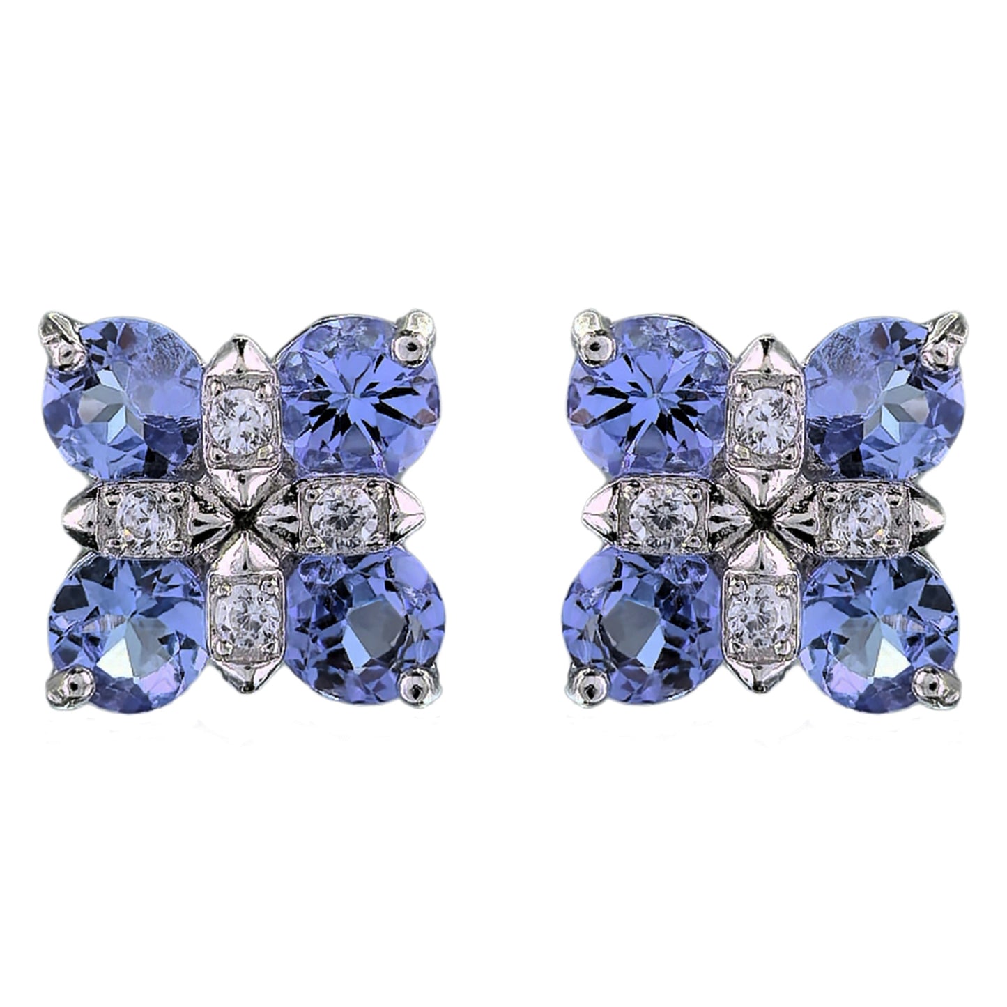 Rhodium Plated 925 Silver Jewelry Natural Tanzanite Four Leaf Clover Stud Earrings