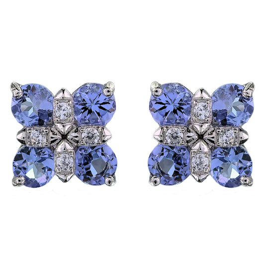 Rhodium Plated 925 Silver Jewelry Natural Tanzanite Four Leaf Clover Stud Earrings