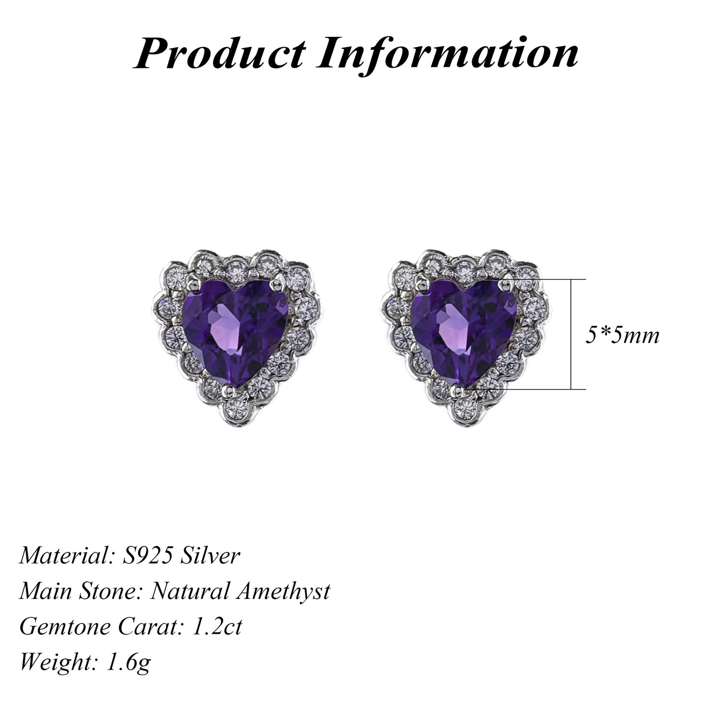 Fashionable Rhodium Plated 925 Prata Natural Amethyst Heart Stud Earrings
