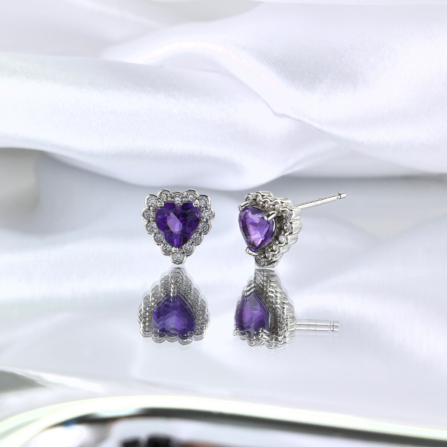 Fashionable Rhodium Plated 925 Prata Natural Amethyst Heart Stud Earrings