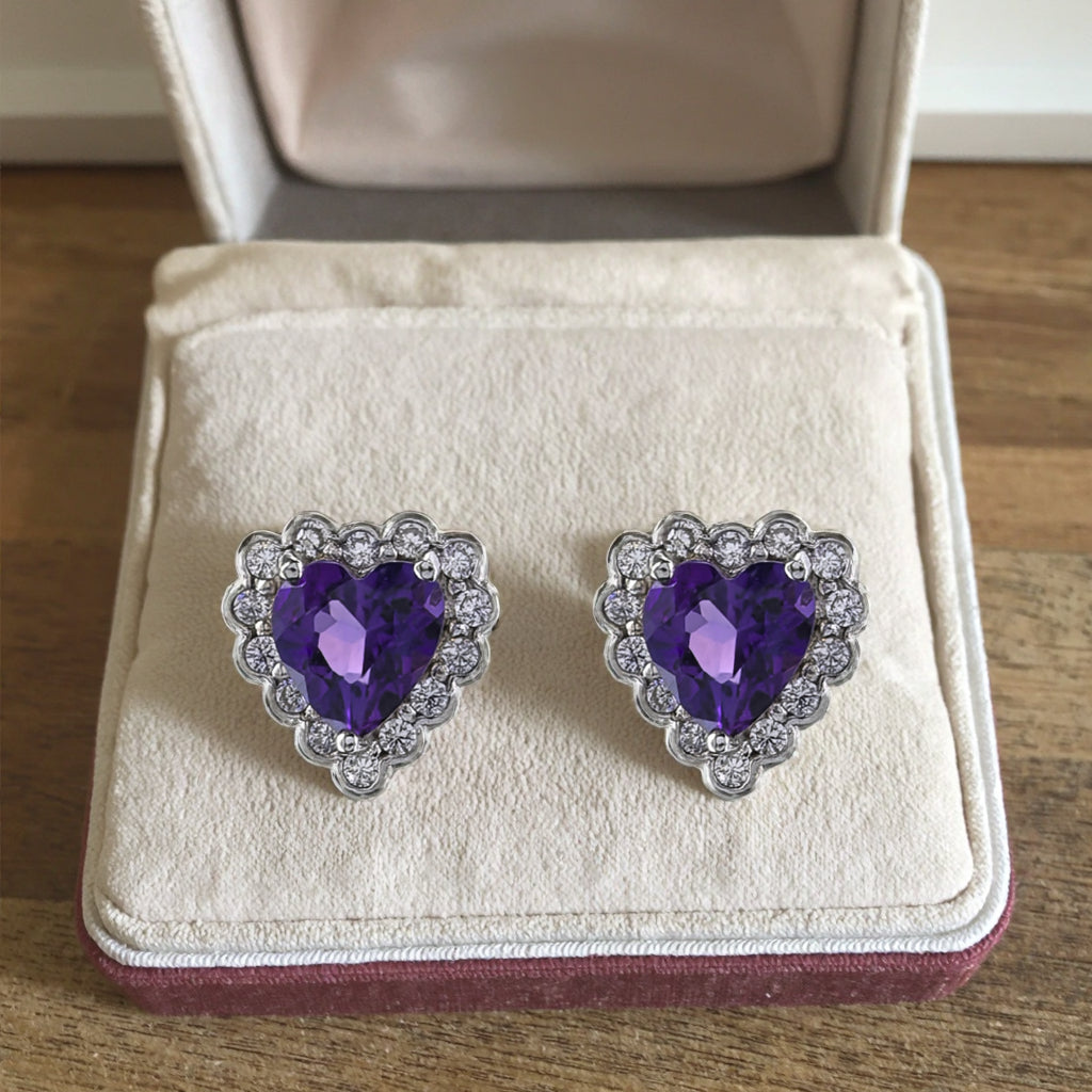 Fashionable Rhodium Plated 925 Prata Natural Amethyst Heart Stud Earrings