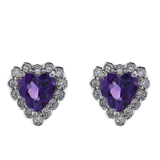 Fashionable Rhodium Plated 925 Prata Natural Amethyst Heart Stud Earrings