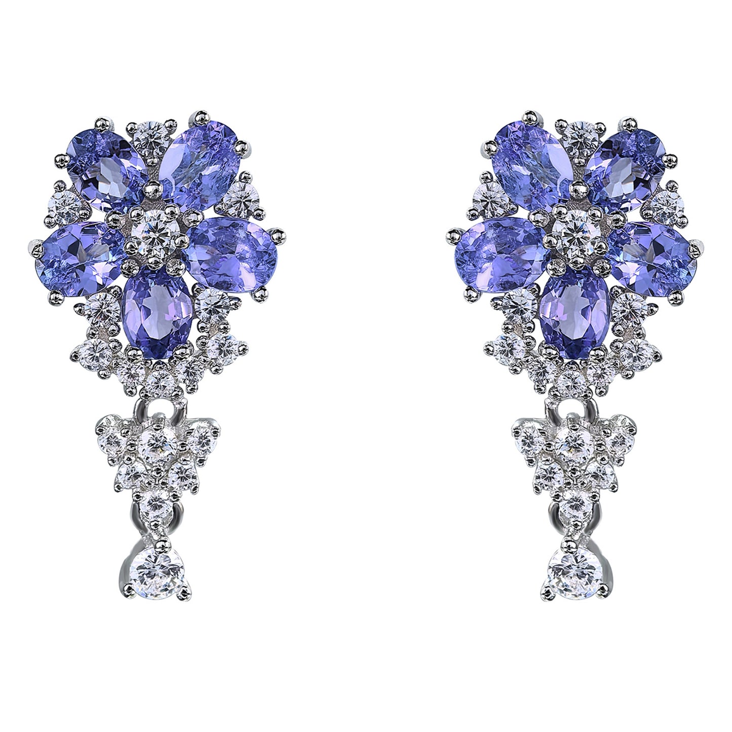 Sparkling Rhodium Plated 925 Silver Natural Tanzanite Flower Drop Earrings