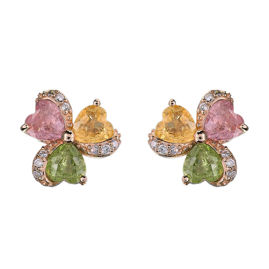 Delicate Rose Gold Plated 925 Sterling Silver Natural Tourmaline Clover Stud Earrings