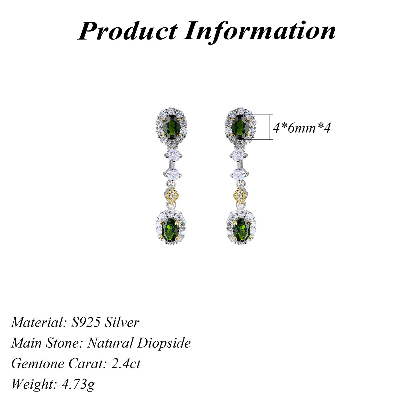 Dazzling Rhodium Gold Plated 925 Silver Natural Diopside Drop Earrings
