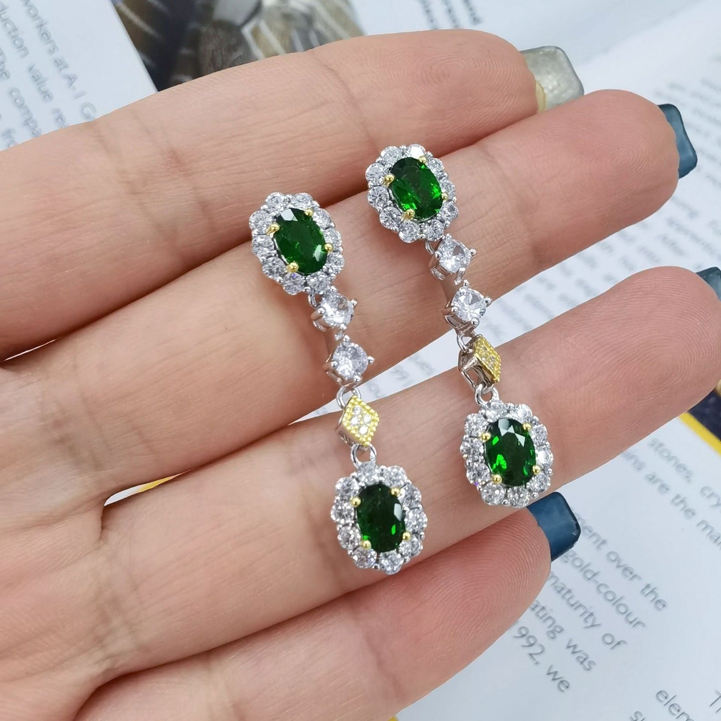 Dazzling Rhodium Gold Plated 925 Silver Natural Diopside Drop Earrings