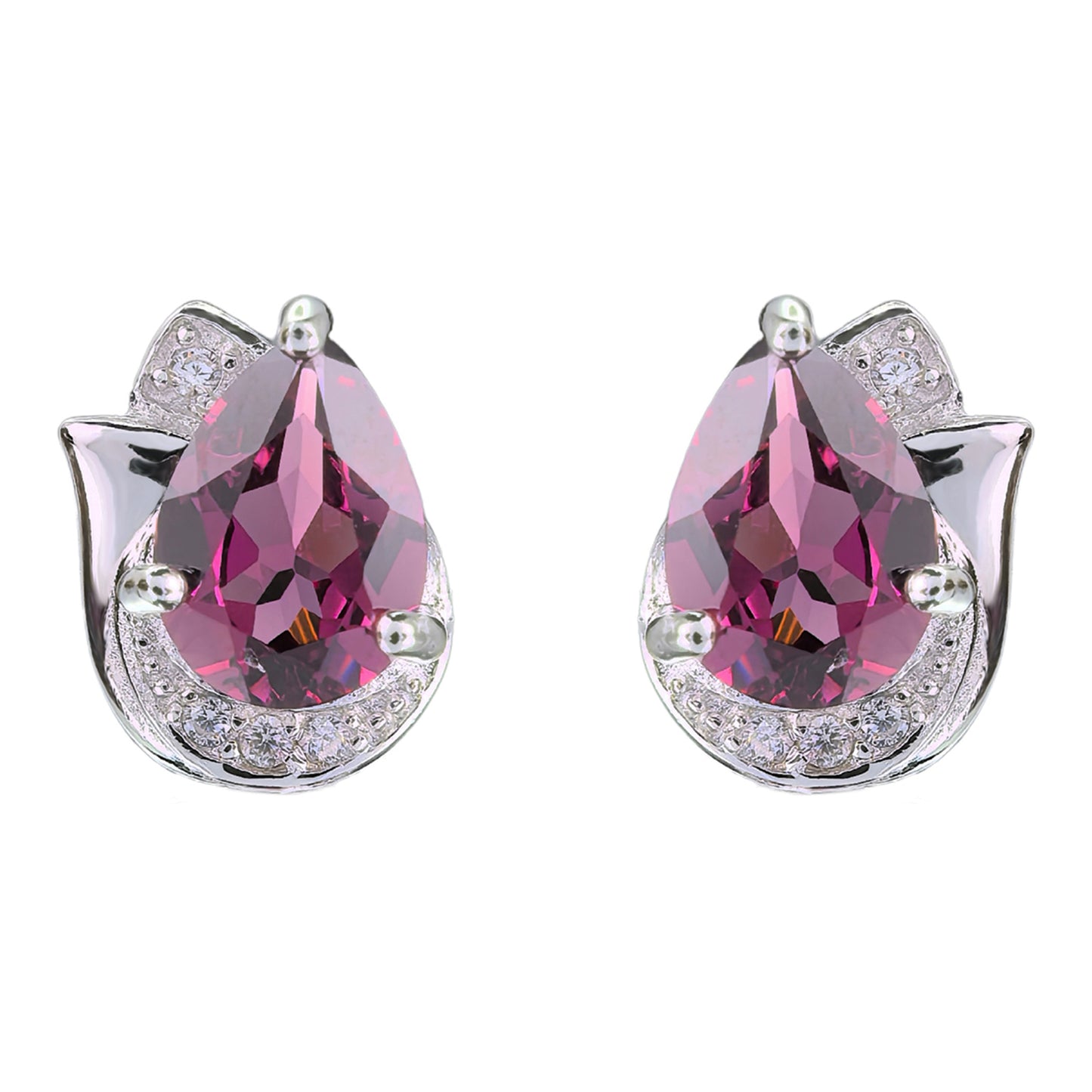 Tiny Rhodium Plated S925 Silver Pear Cut Natural Pyrope Stud Earrings