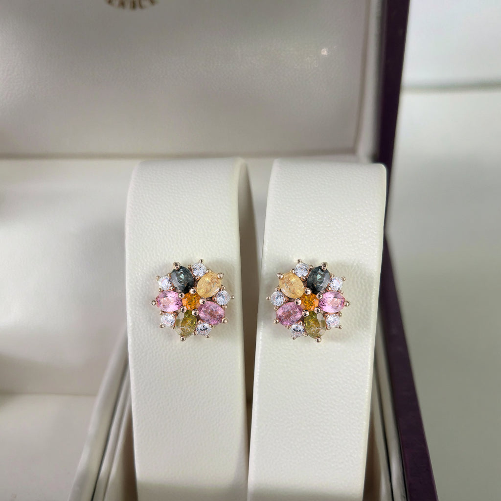 Exquisite Rose Gold Plated 925 Sterling Silver Natural Tourmaline Flower Stud Earrings