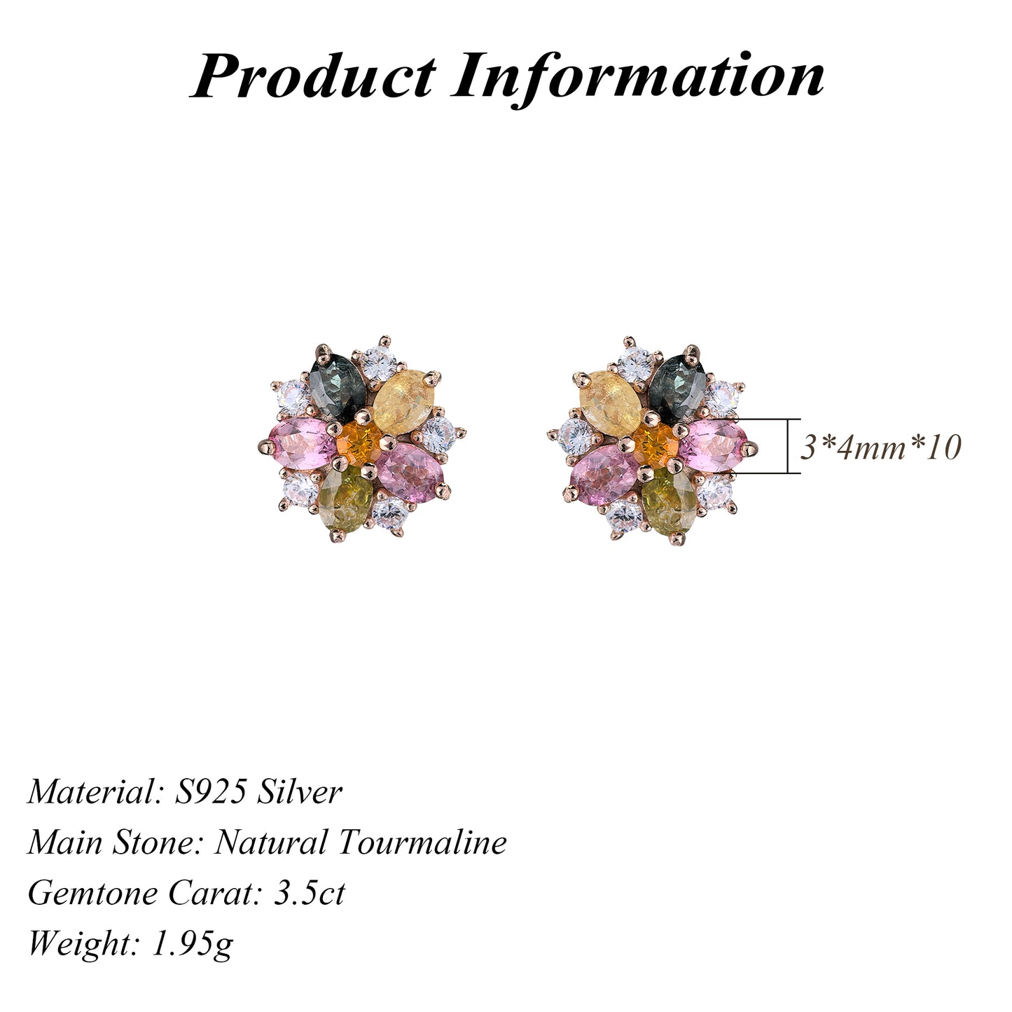 Exquisite Rose Gold Plated 925 Sterling Silver Natural Tourmaline Flower Stud Earrings