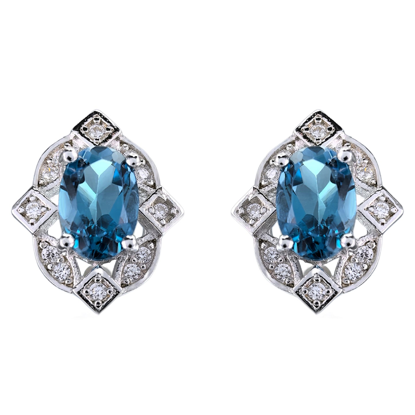 Vintage 925 Silver Jewelry Rhodium Plated London Blue Topaz Stud Earrings