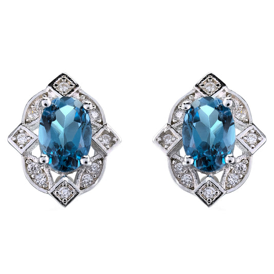 Vintage 925 Silver Jewelry Rhodium Plated London Blue Topaz Stud Earrings