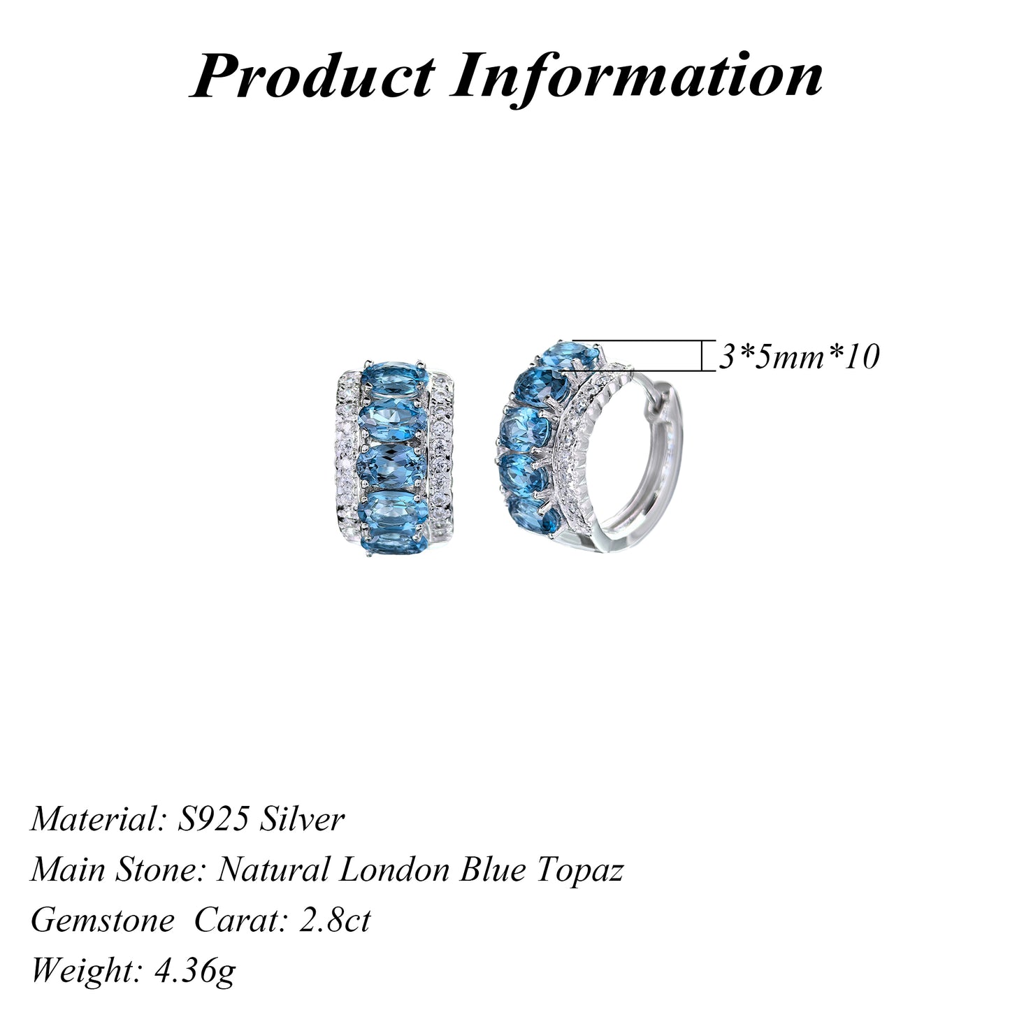 Exquisite Rhodium Plated S925 Silver Natural London Blue Topaz Hoop Earrings