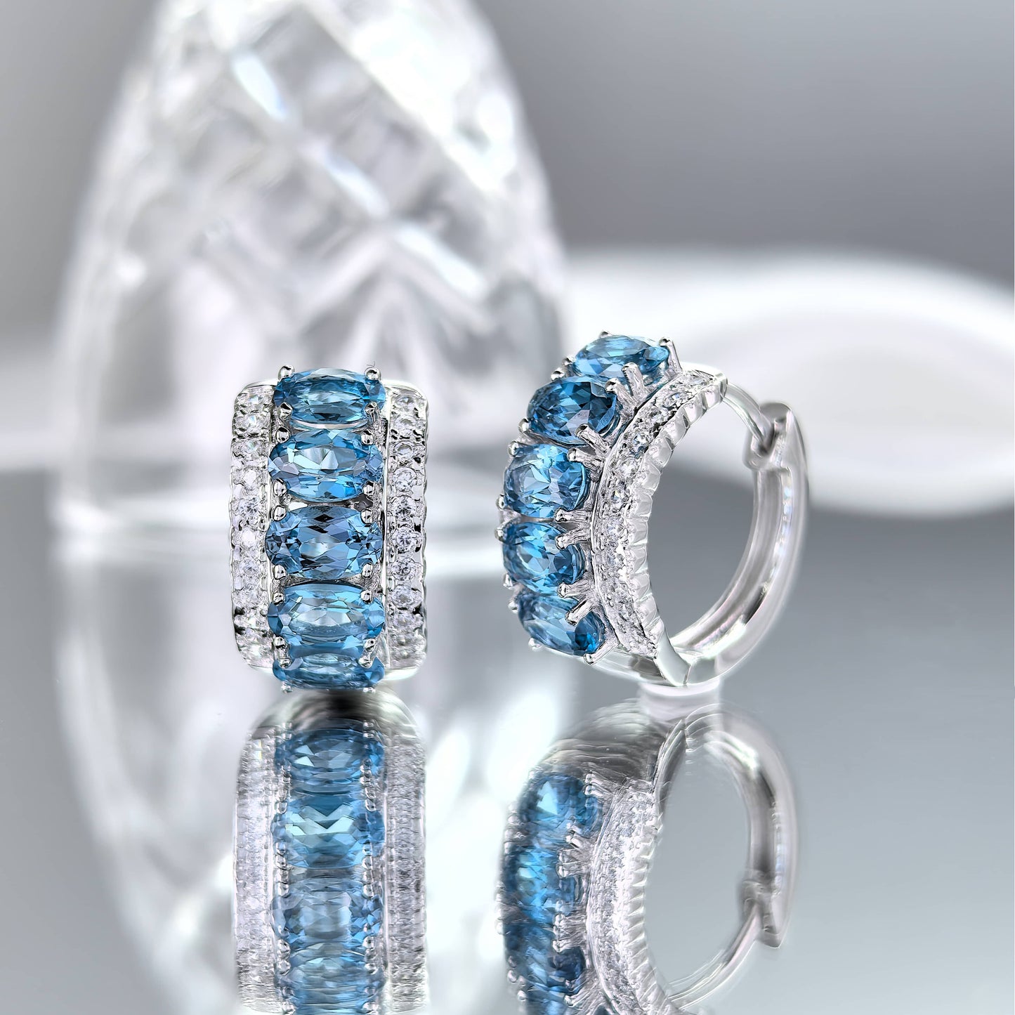 Exquisite Rhodium Plated S925 Silver Natural London Blue Topaz Hoop Earrings