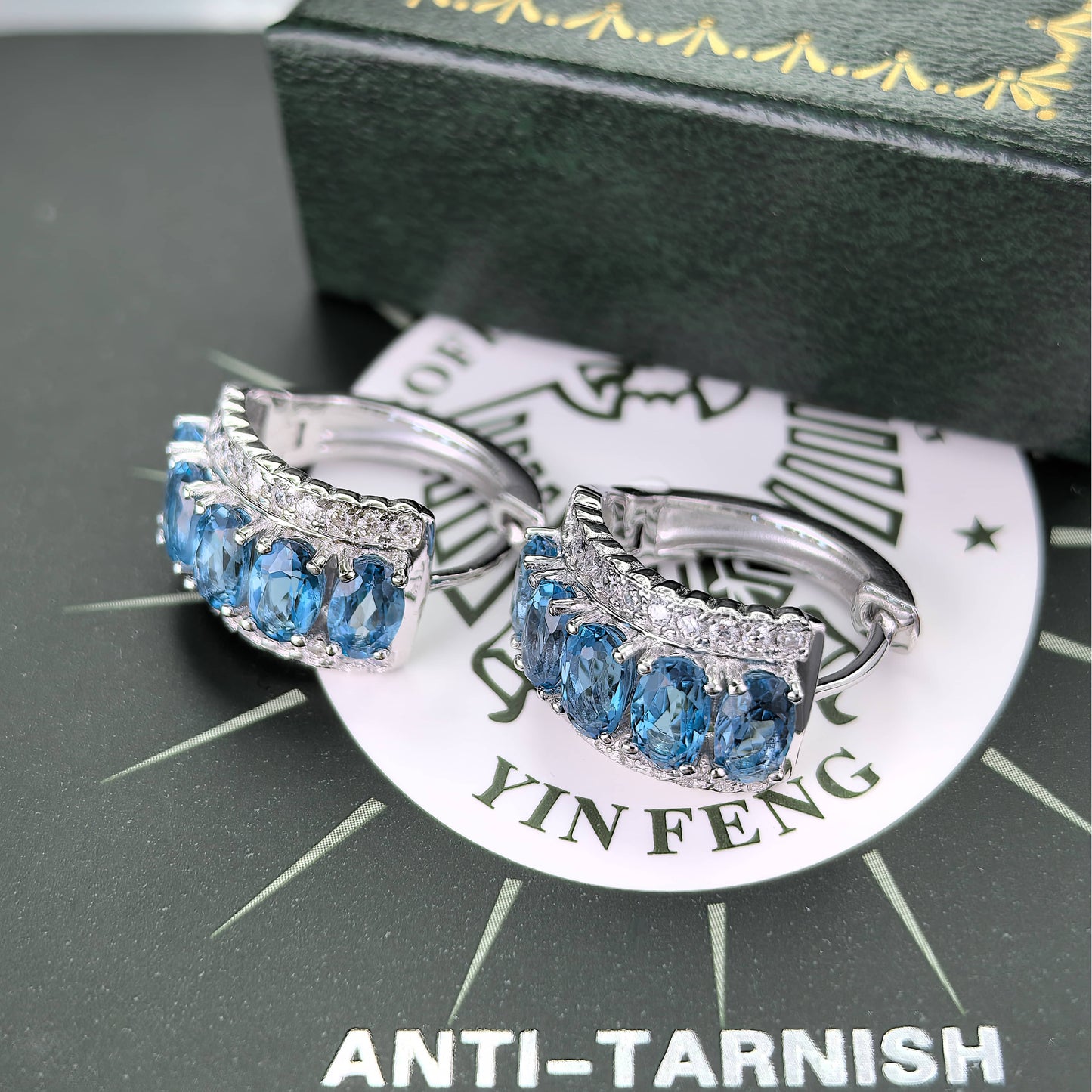 Exquisite Rhodium Plated S925 Silver Natural London Blue Topaz Hoop Earrings