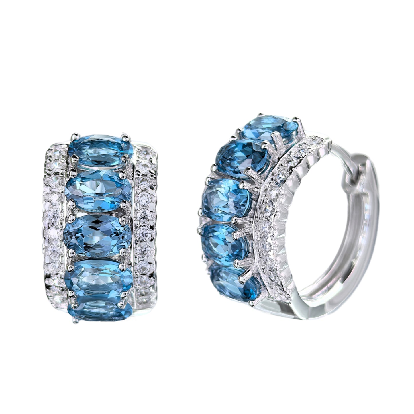Exquisite Rhodium Plated S925 Silver Natural London Blue Topaz Hoop Earrings
