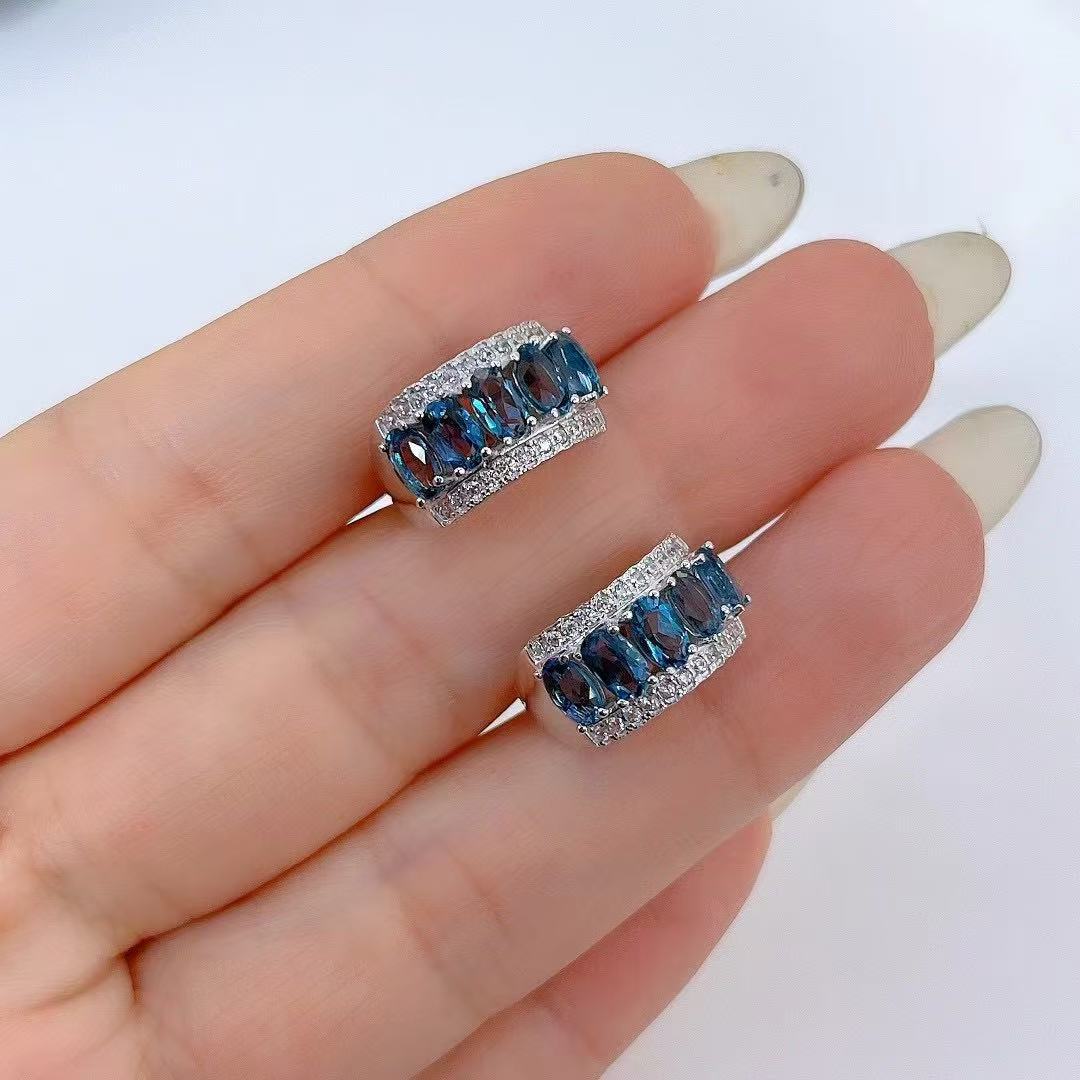 Exquisite Rhodium Plated S925 Silver Natural London Blue Topaz Hoop Earrings