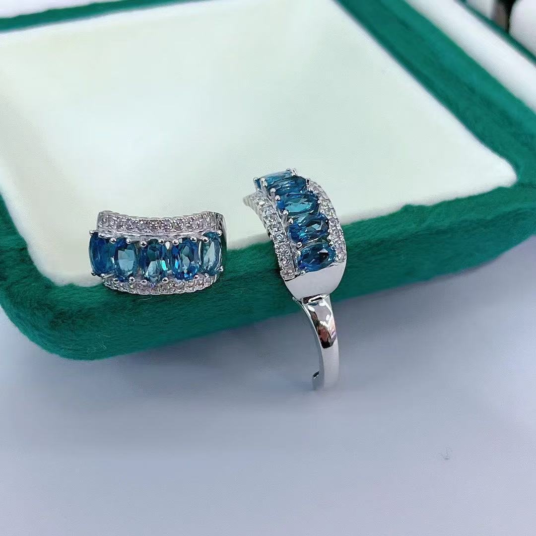 Exquisite Rhodium Plated S925 Silver Natural London Blue Topaz Hoop Earrings