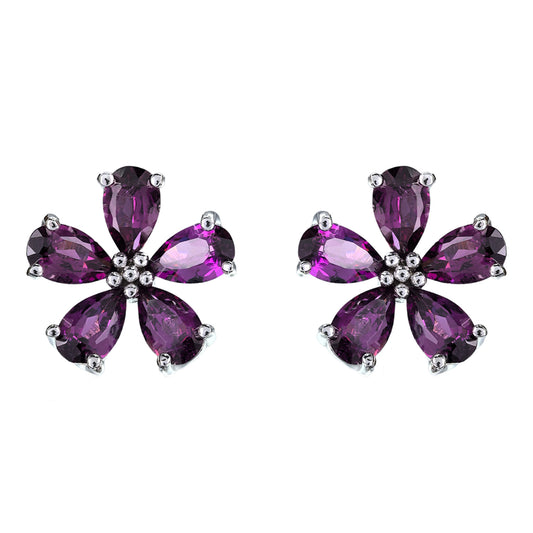 925 Silver Pyrope Flower Stud Earrings Charming Rhodium Plated Trendy Style for Women's Engagement Wedding Birthday Gift Idea