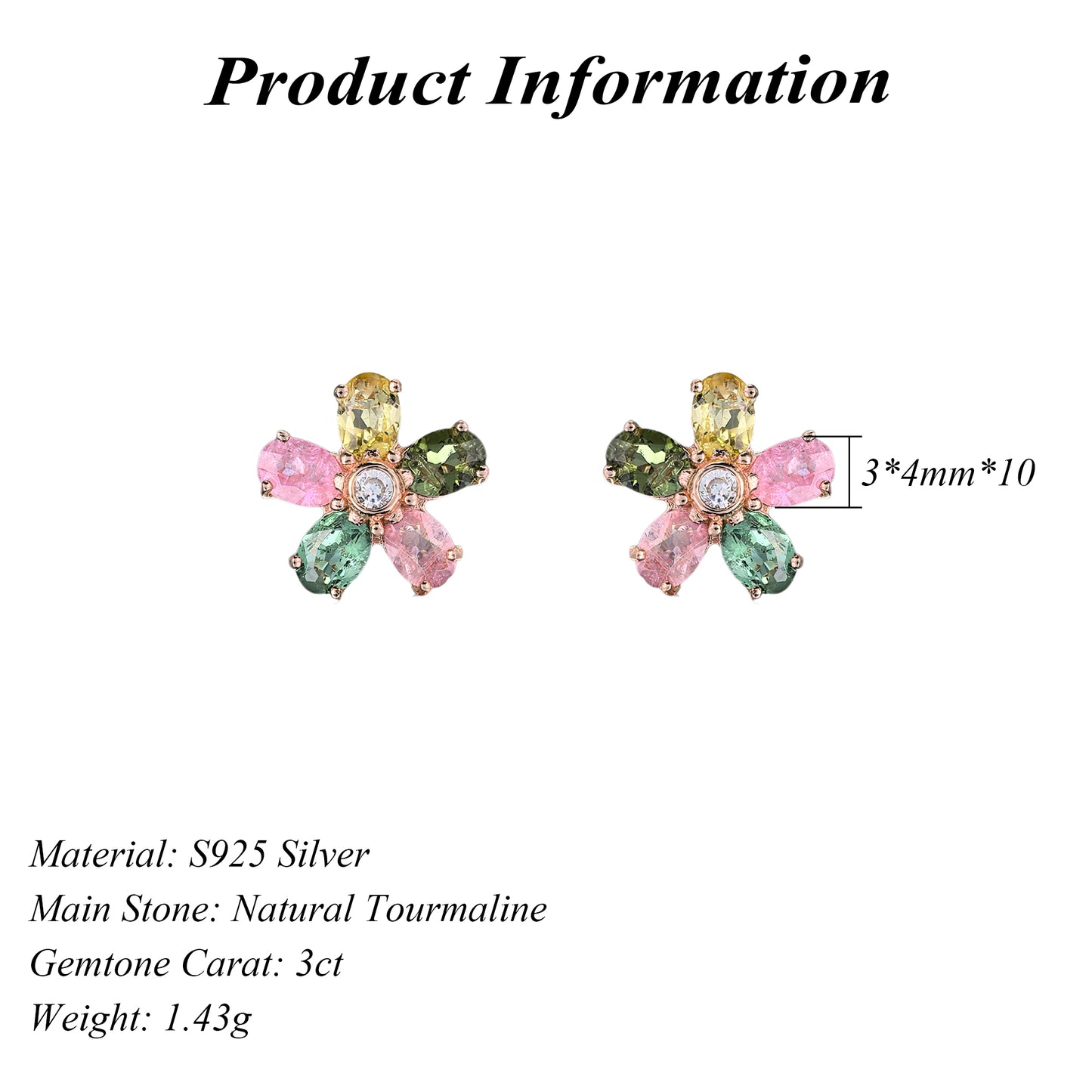 Elegant Rose Gold Plated 925 Silver Jewelry Natural Tourmaline Flower Stud Earrings