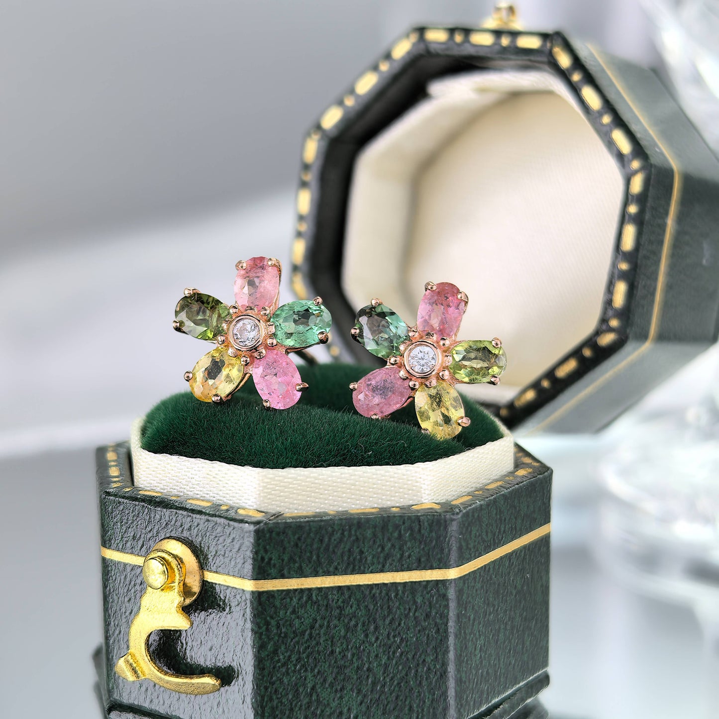Elegant Rose Gold Plated 925 Silver Jewelry Natural Tourmaline Flower Stud Earrings