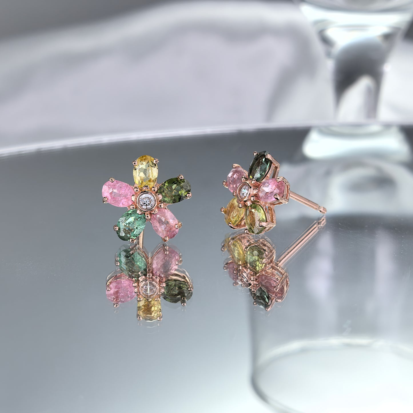 Elegant Rose Gold Plated 925 Silver Jewelry Natural Tourmaline Flower Stud Earrings
