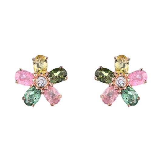 Elegant Rose Gold Plated 925 Silver Jewelry Natural Tourmaline Flower Stud Earrings
