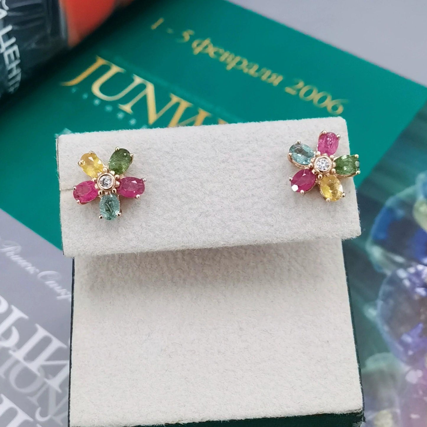 Elegant Rose Gold Plated 925 Silver Jewelry Natural Tourmaline Flower Stud Earrings