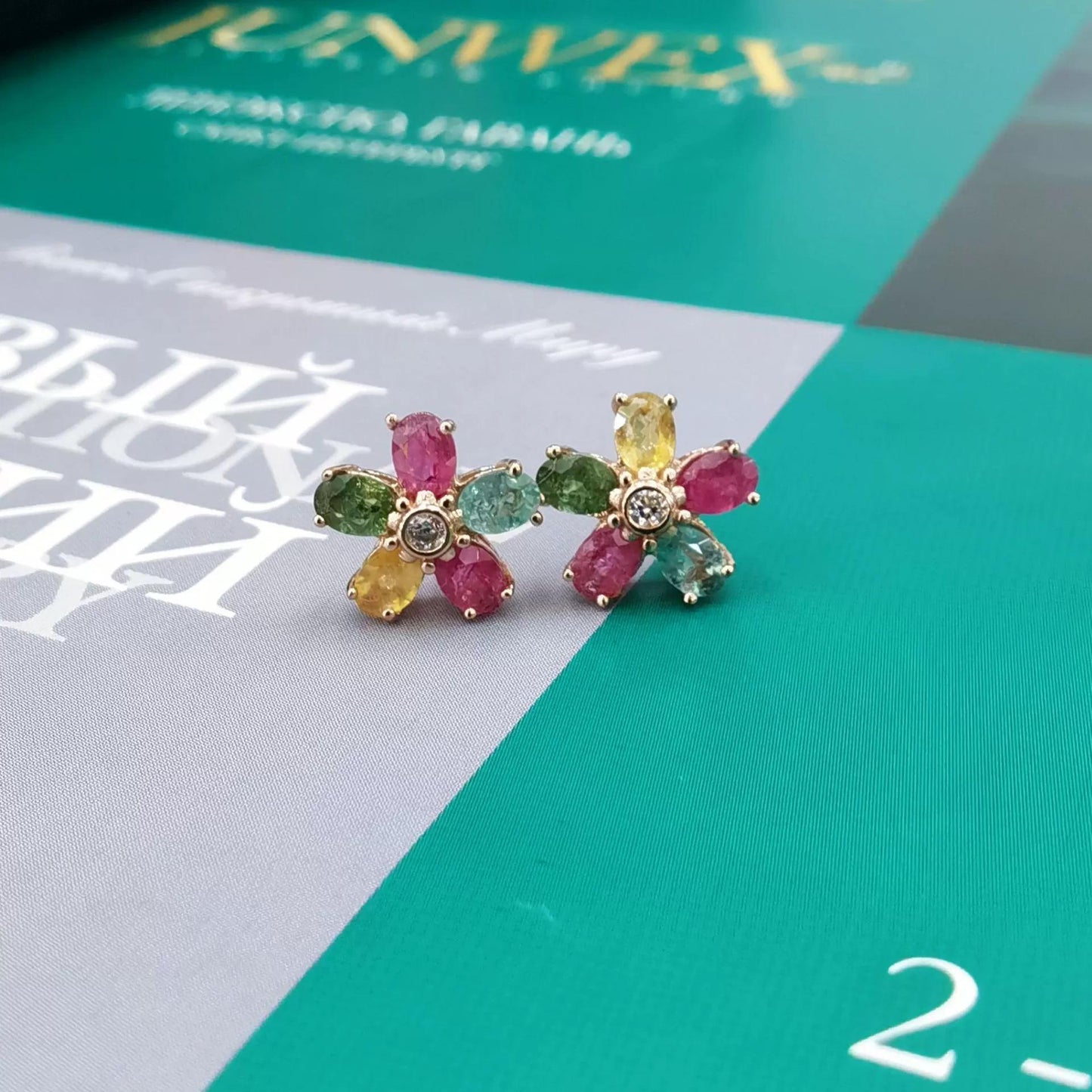 Elegant Rose Gold Plated 925 Silver Jewelry Natural Tourmaline Flower Stud Earrings