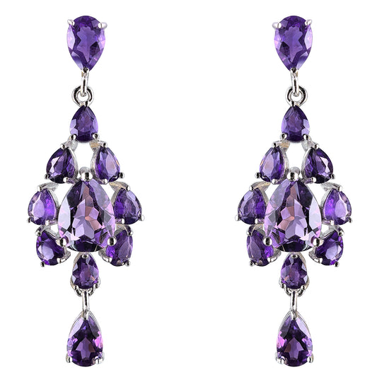 Graceful Rhodium Plated Silver 925 Natural Amethyst Drop Earrings