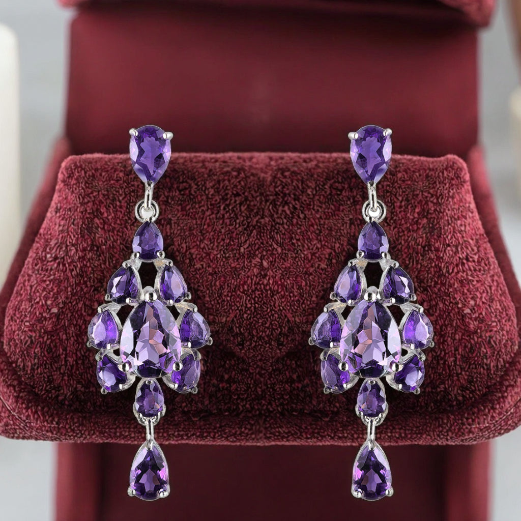 Graceful Rhodium Plated Silver 925 Natural Amethyst Drop Earrings