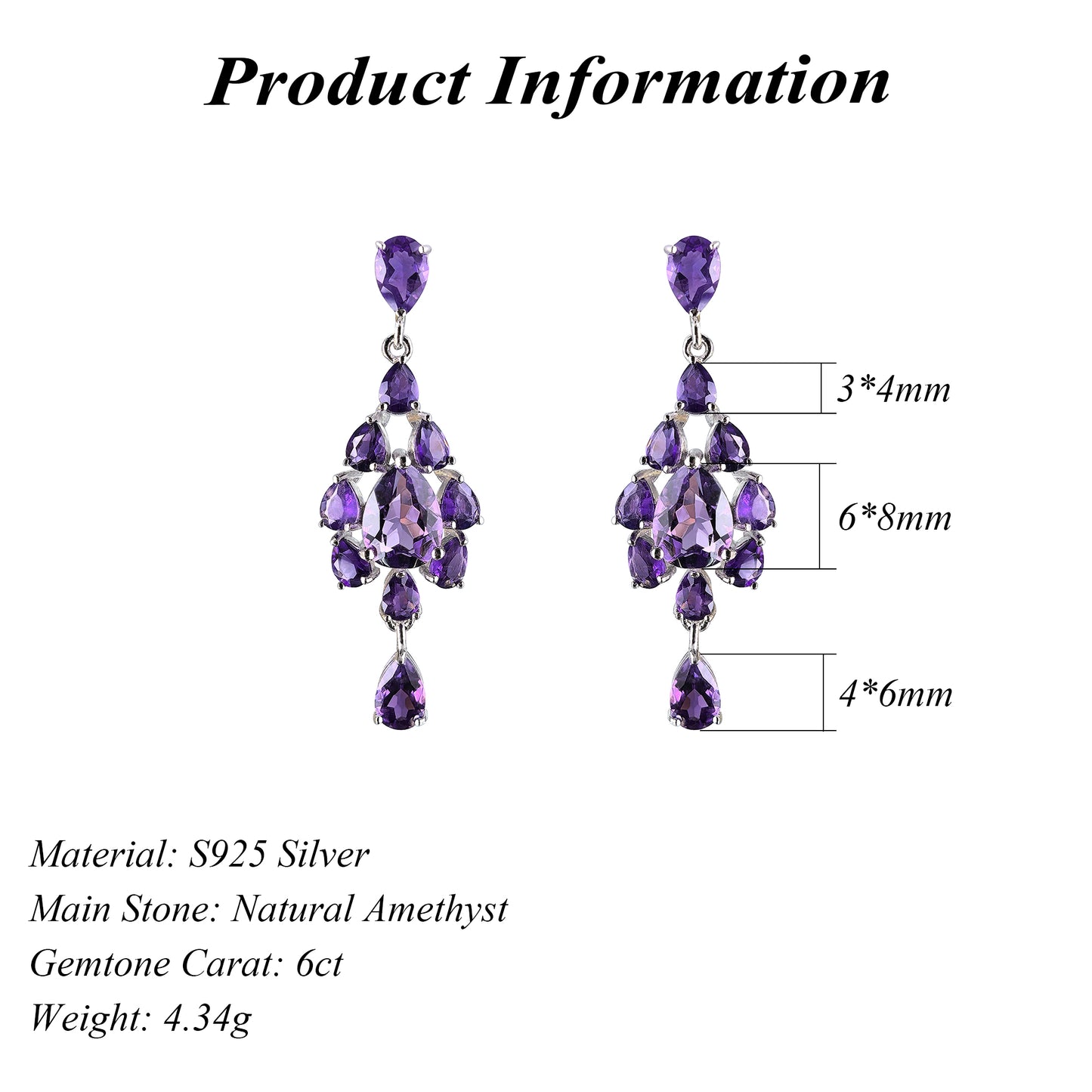 Graceful Rhodium Plated Silver 925 Natural Amethyst Drop Earrings