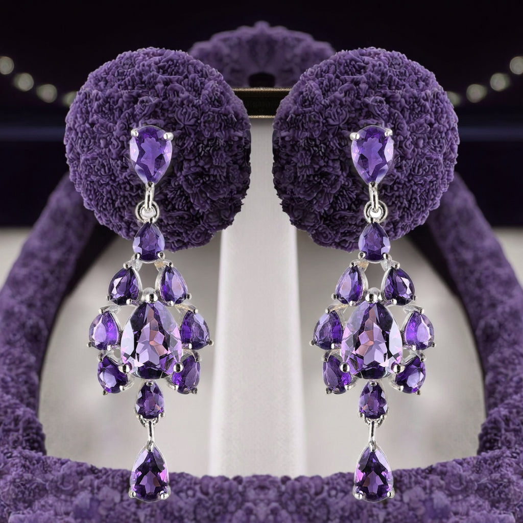 Graceful Rhodium Plated Silver 925 Natural Amethyst Drop Earrings
