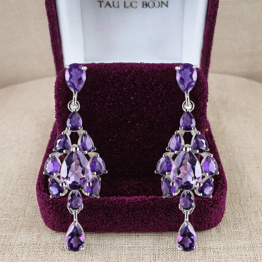 Graceful Rhodium Plated Silver 925 Natural Amethyst Drop Earrings