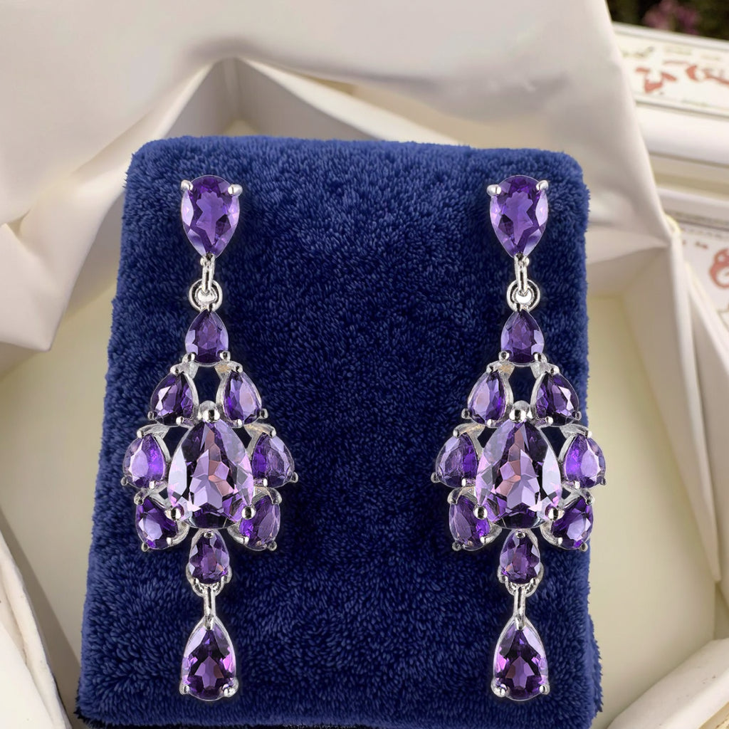 Graceful Rhodium Plated Silver 925 Natural Amethyst Drop Earrings