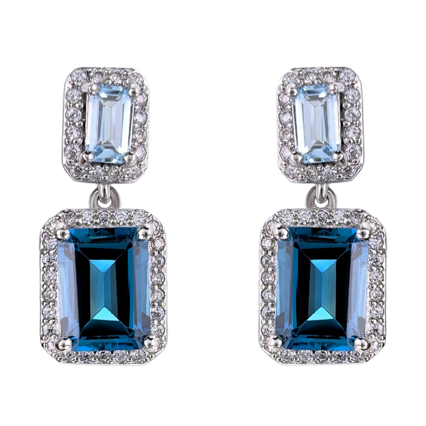 Rhodium Plated S925 Silver Jewelry Emerald Cut Natural London Blue Topaz Drop Earrings