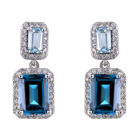 Rhodium Plated S925 Silver Jewelry Emerald Cut Natural London Blue Topaz Drop Earrings