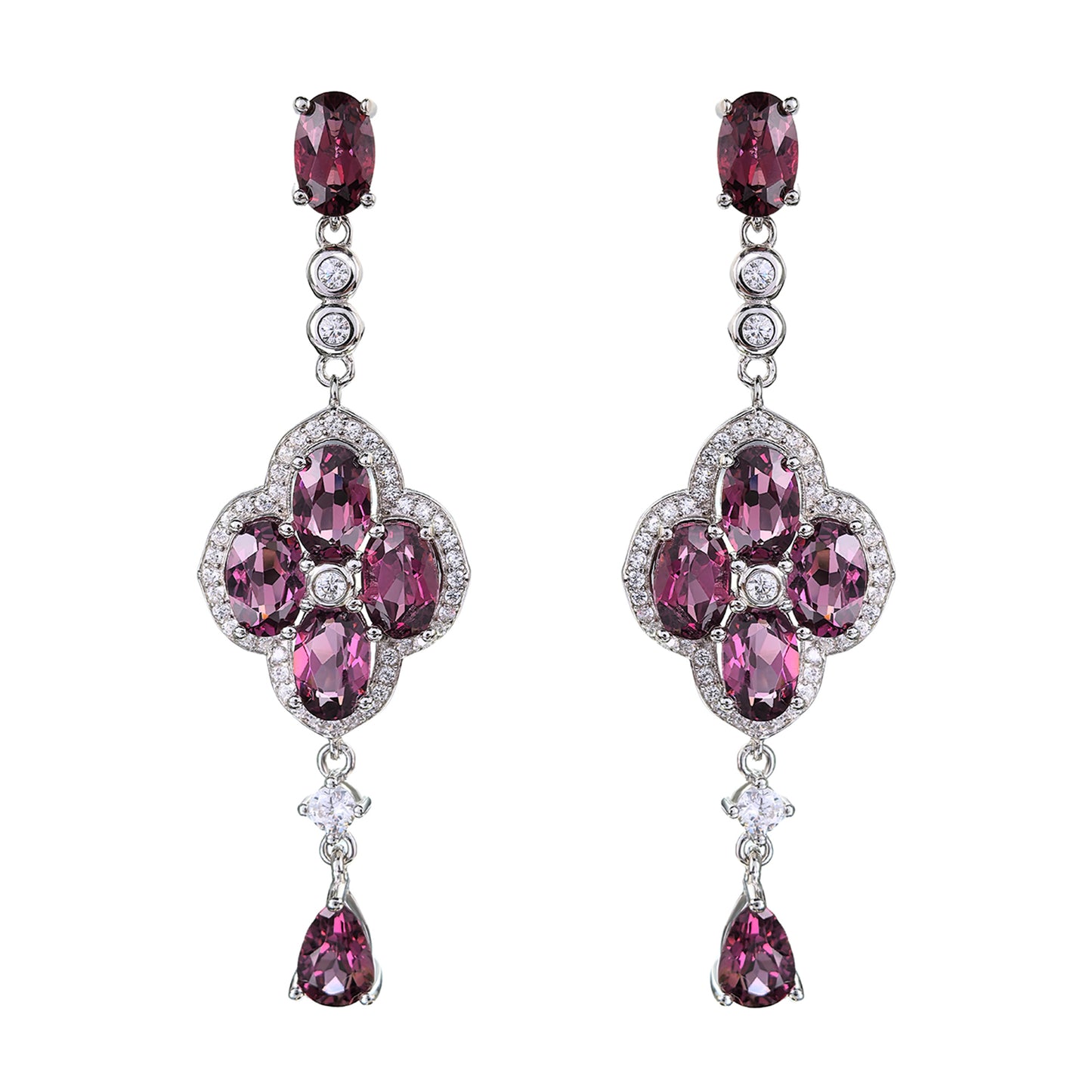 Graceful Rhodium Plated 925 Silver Jewelry Natural Pyrope Four Leaf Clover Drop Earrings