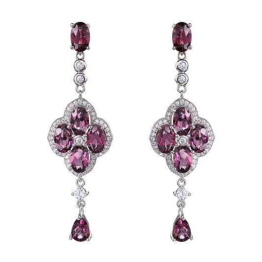 Graceful Rhodium Plated 925 Silver Jewelry Natural Pyrope Four Leaf Clover Drop Earrings