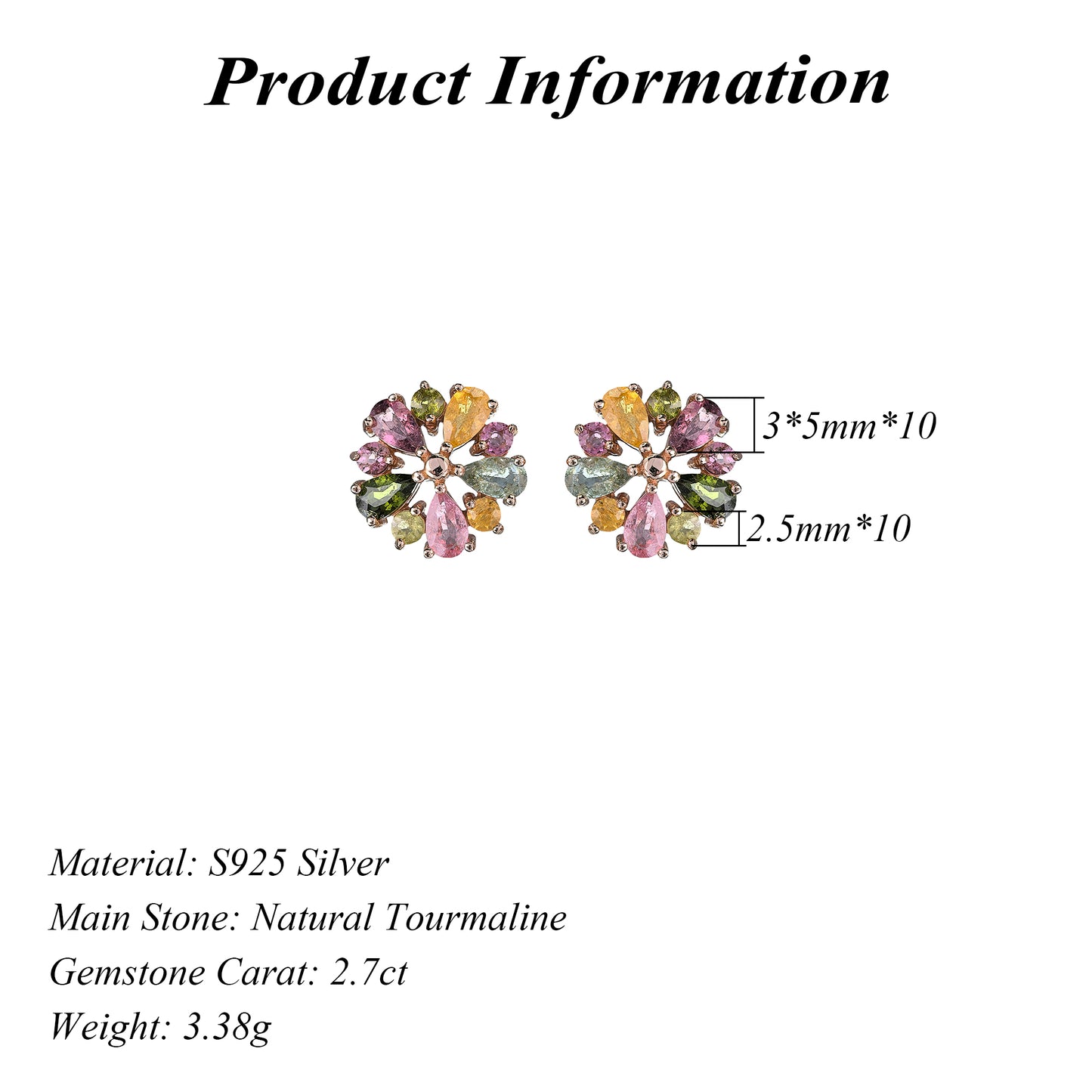 Rose Gold Plated 925 Silver Natural Tourmaline Flower Stud Earrings