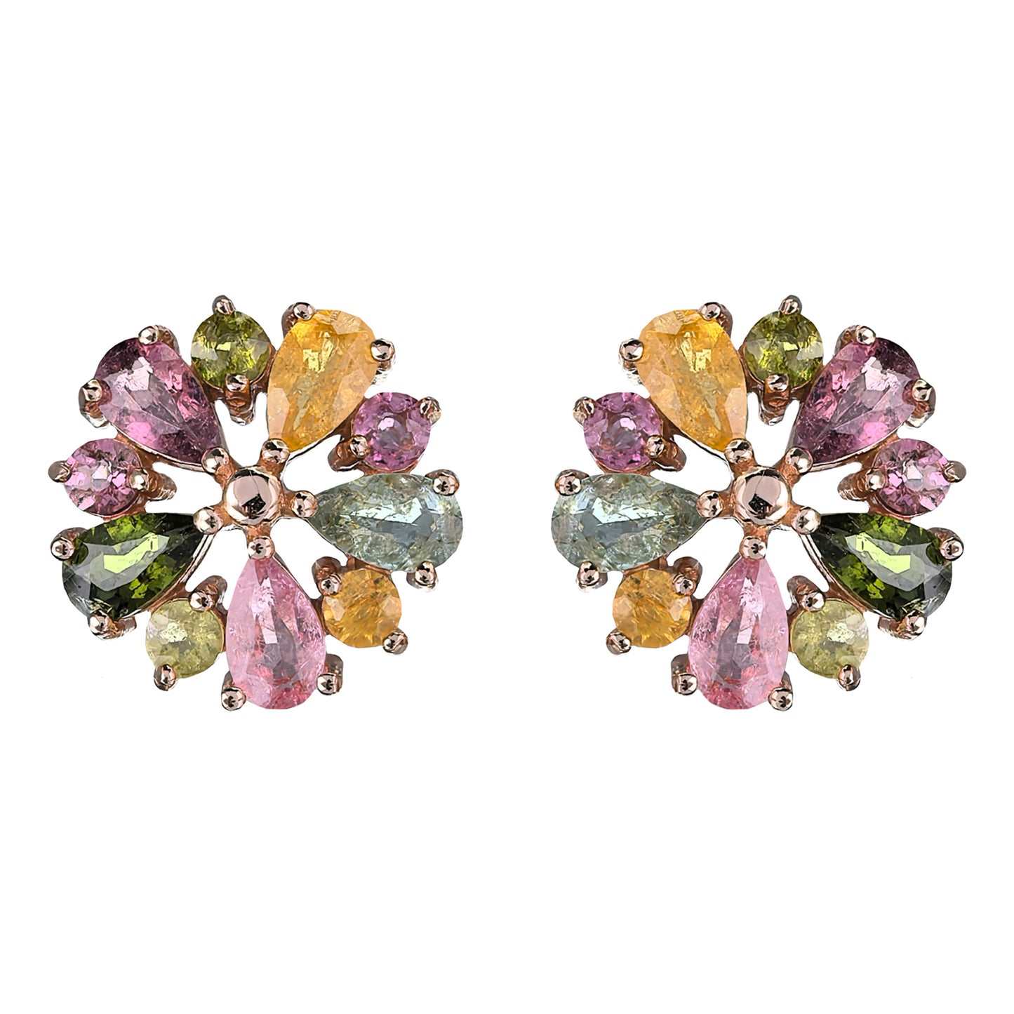 Rose Gold Plated 925 Silver Natural Tourmaline Flower Stud Earrings