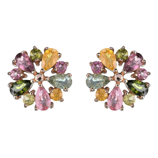 925 Silver Natural Tourmaline Flower Stud Earrings for Women Exquisite Rose Gold Plated Trendy for Anniversary Birthday Gift