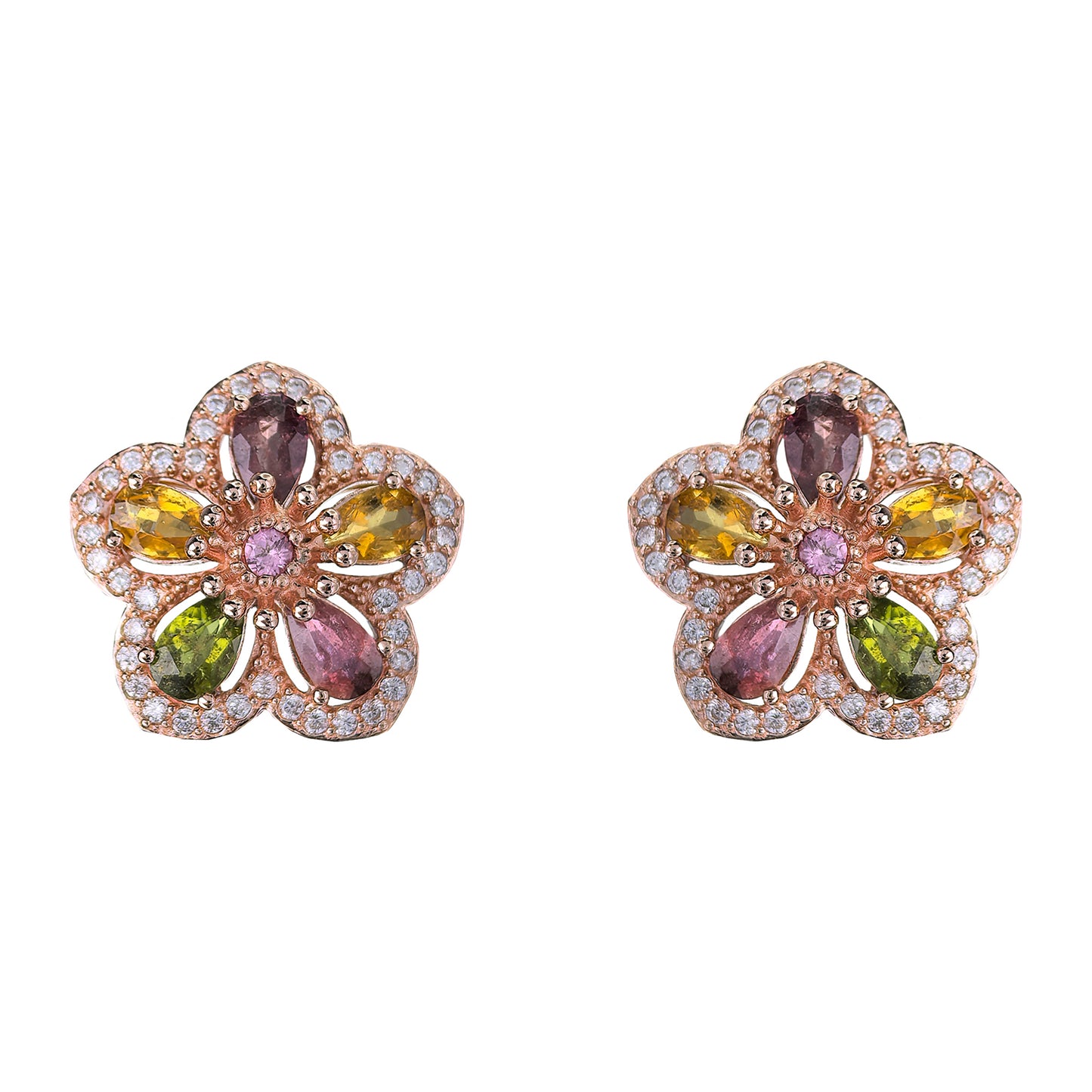 Gorgeous Rose Gold Plated 925 Sterling Silver Natural Tourmaline Flower Stud Earrings