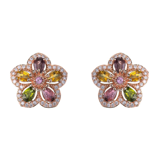 Gorgeous Rose Gold Plated 925 Sterling Silver Natural Tourmaline Flower Stud Earrings